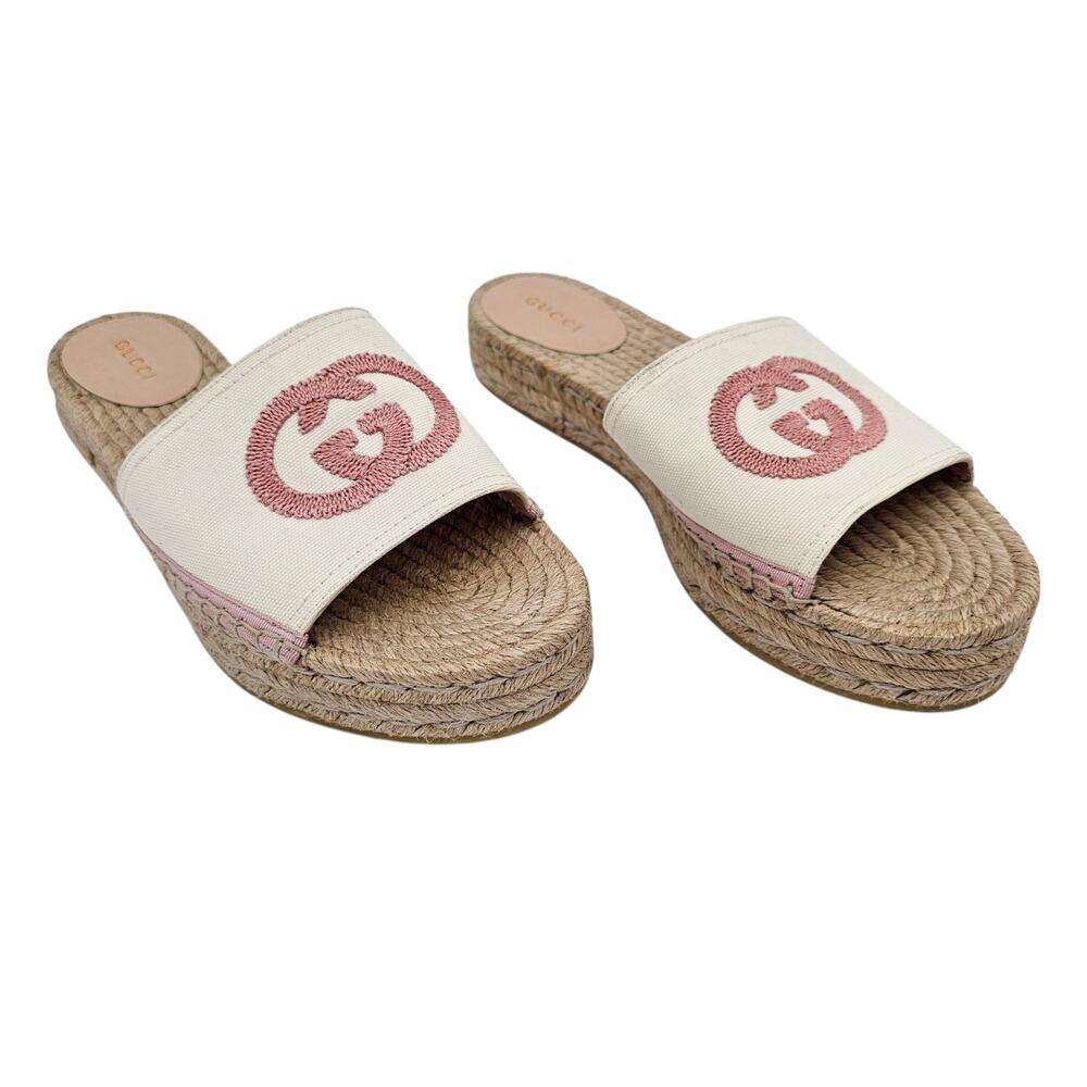 Gucci GG Espadrille Flat Mule Slide Sandal Canvas White Pink Size 39 US 9